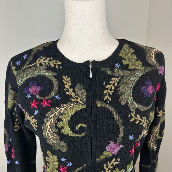 Talbots Sweater Size Small Black Floral Embroidery Grandma Artsy Full Zip - Picture 2 of 14